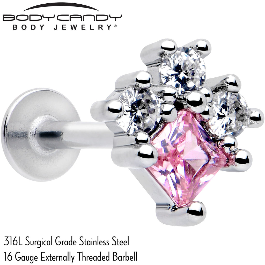 BodyCandy 16G 5/16 Pink Clear CZ Gem Rhombus Riot Labret Monroe Tragus — detail close-up