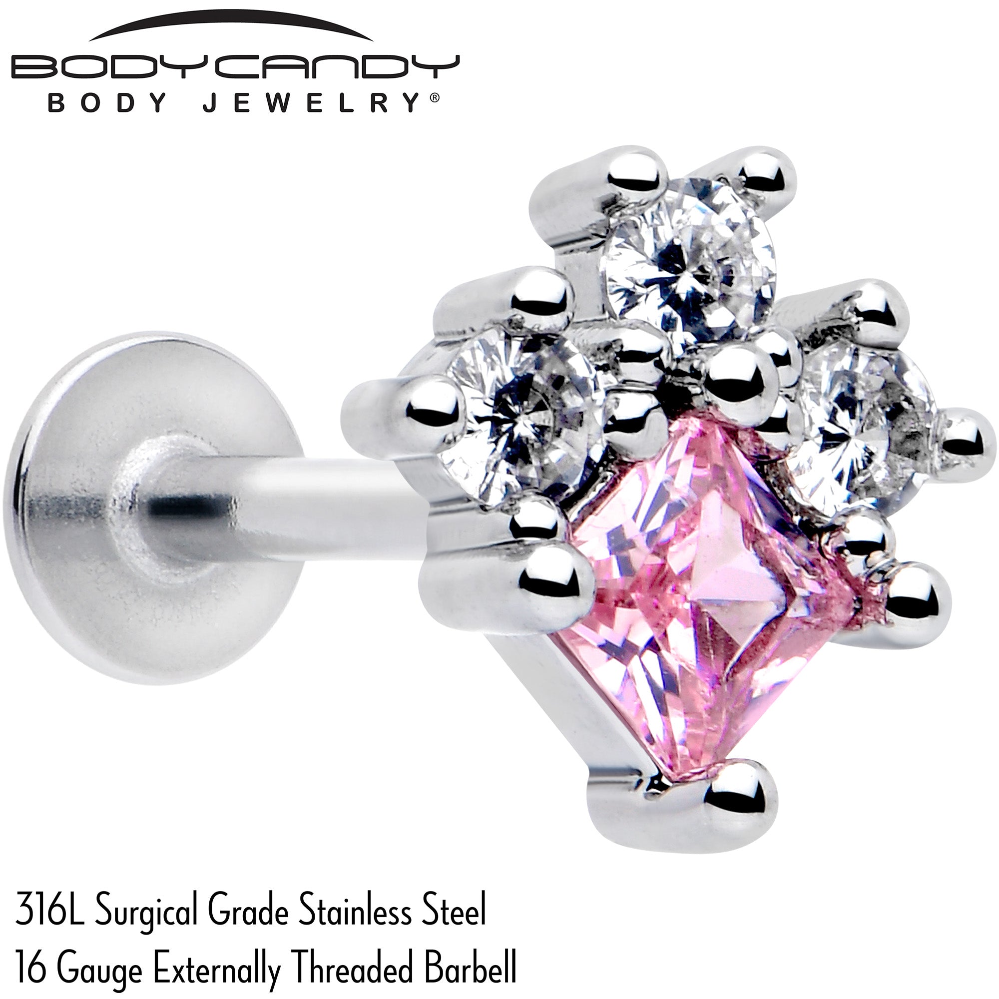 BodyCandy 16G 5/16 Pink Clear CZ Gem Rhombus Riot Labret Monroe Tragus — detail close-up