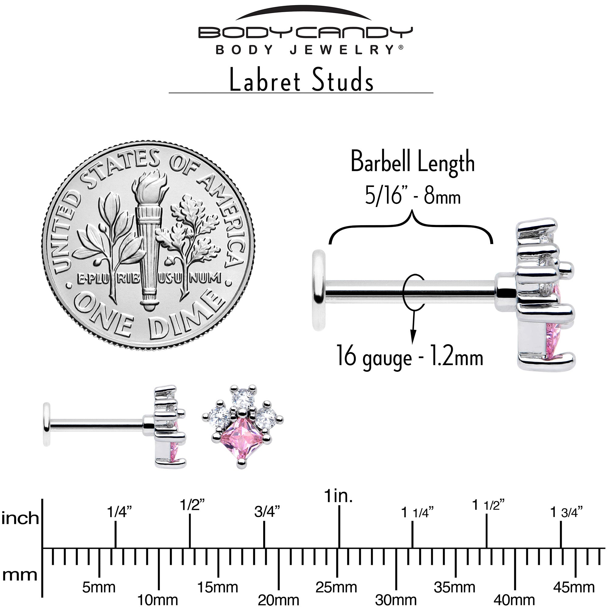 BodyCandy 16G 5/16 Pink Clear CZ Gem Rhombus Riot Labret Monroe Tragus — back view