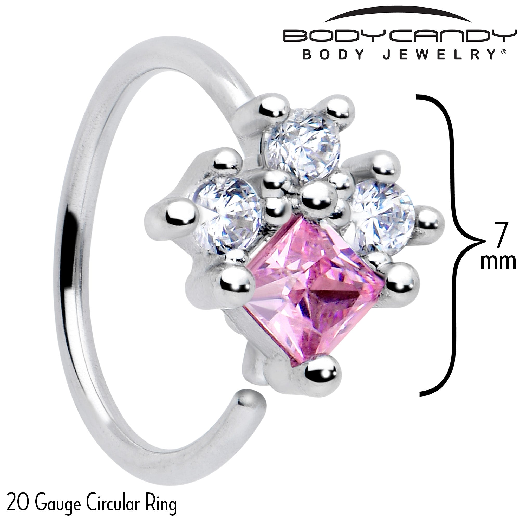 BodyCandy 20G 5/16 Clear Pink CZ Gem Rhombus Riot Nose Hoop — detail close-up