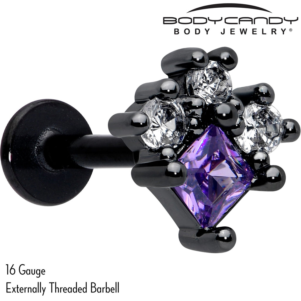 BodyCandy 16G 5/16 Purple CZ Gem Black Rhombus Riot Labret Monroe Tragus — detail close-up