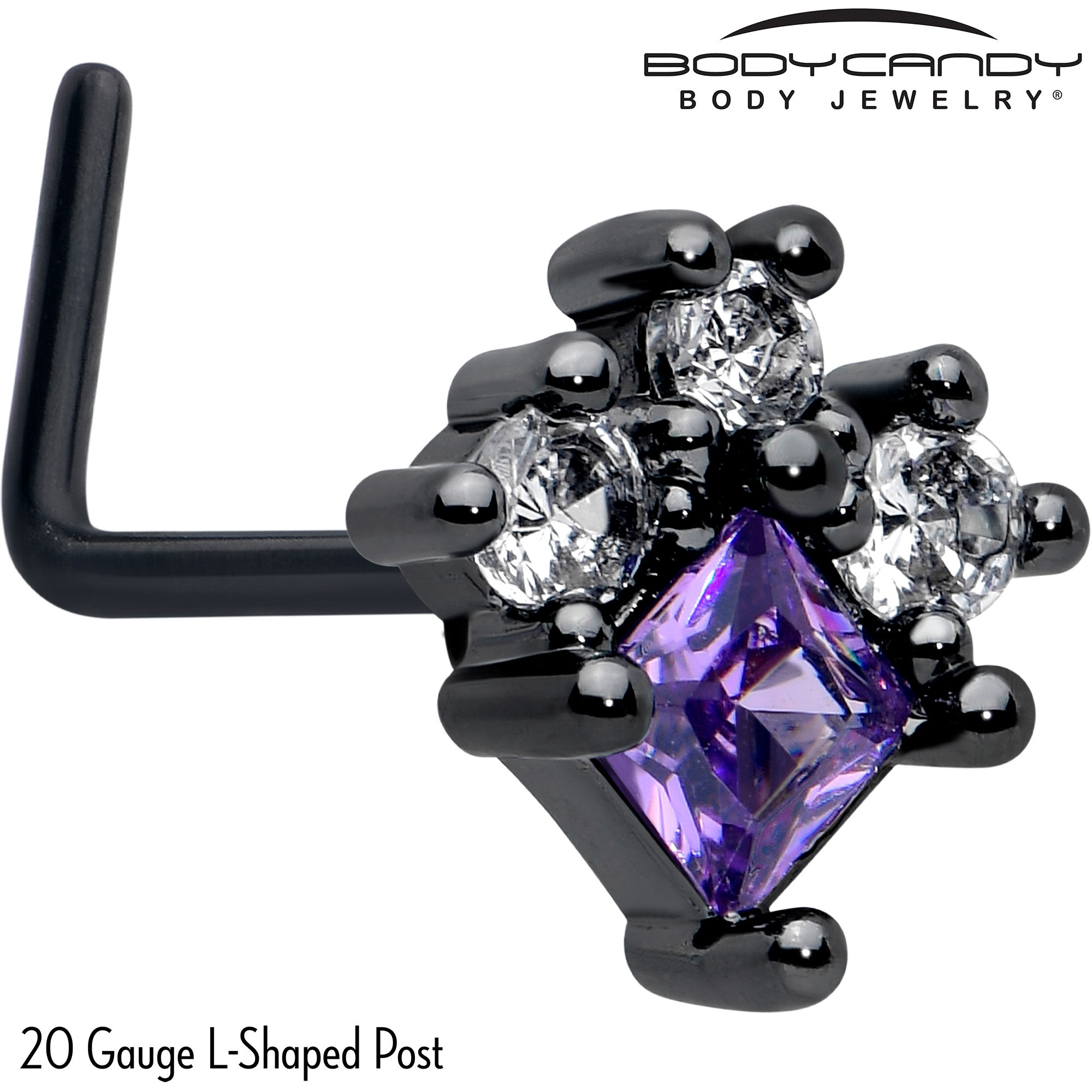 BodyCandy 20G 7mm Purple CZ Gem Black Rhombus Riot L Shape Nose Ring — detail close-up