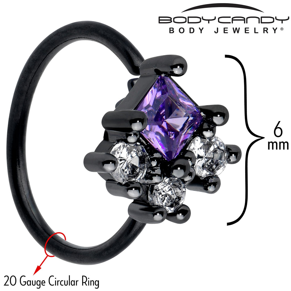 BodyCandy 20G 5/16 Purple CZ Gem Black Rhombus Riot Nose Hoop — detail close-up
