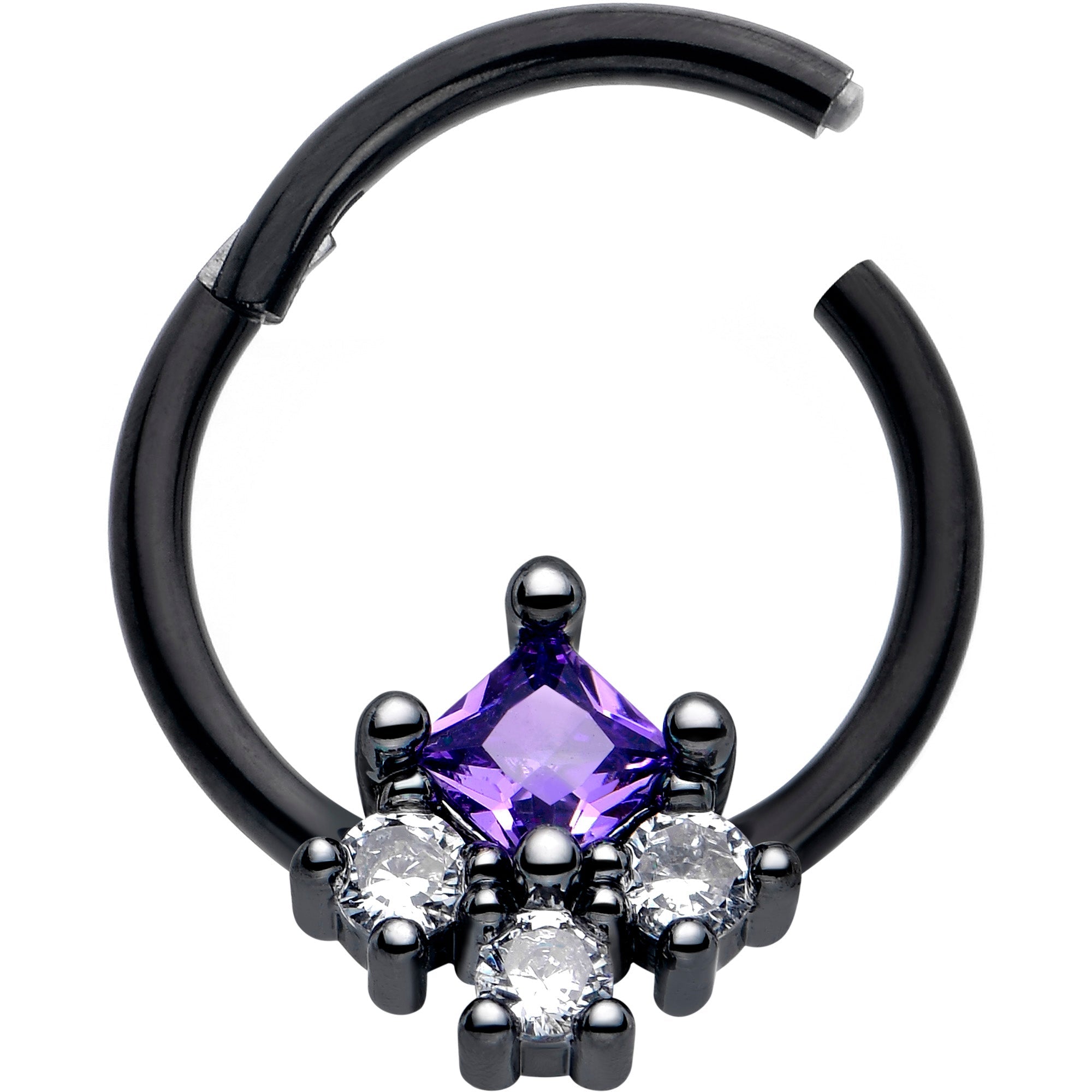 BodyCandy 16G 3/8 Purple CZ Gem Black Rhombus Riot Hinged Segment Ring — detail close-up