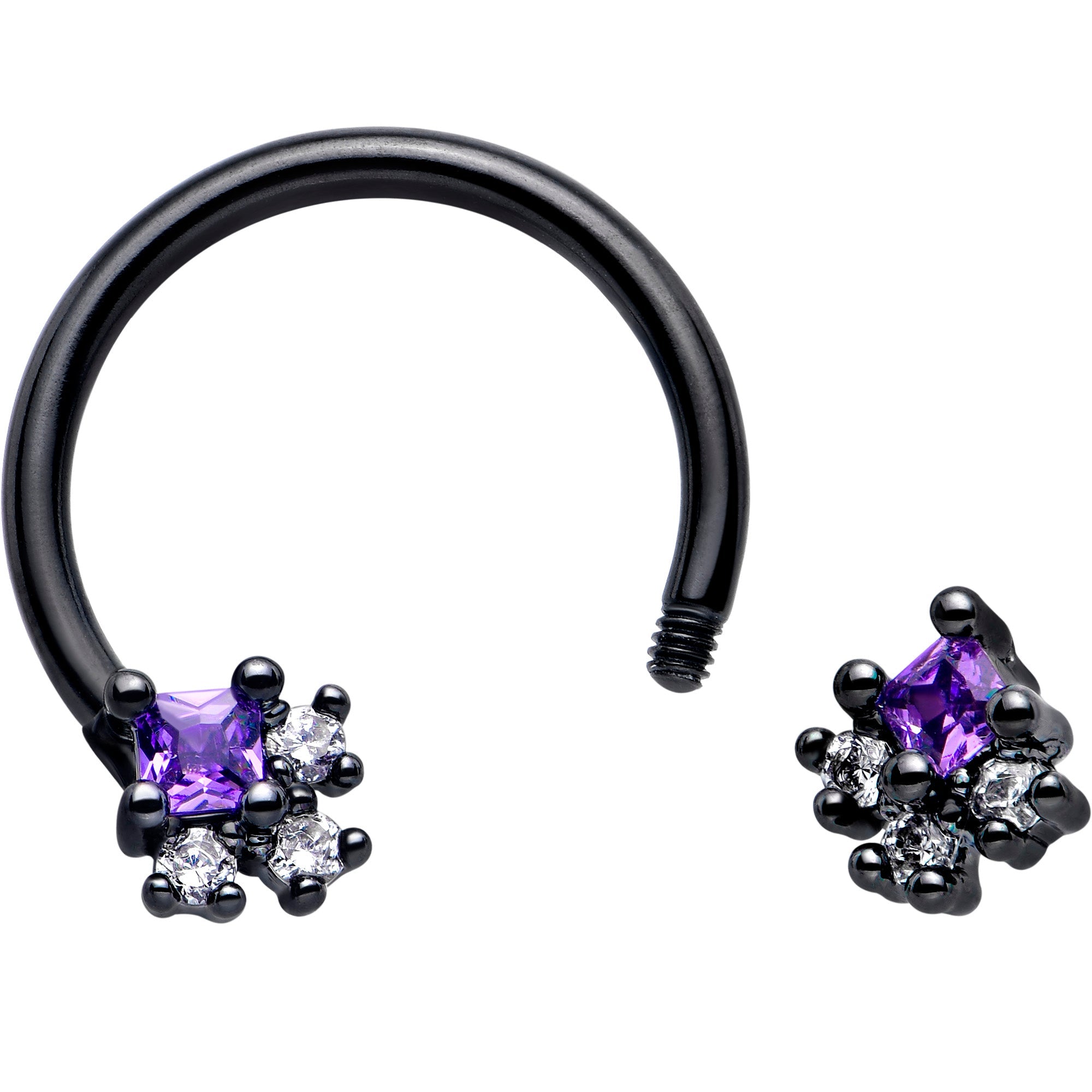 BodyCandy 16G 3/8 Purple CZ Gem Black Rhombus Riot Horseshoe Circular Barbell — detail close-up