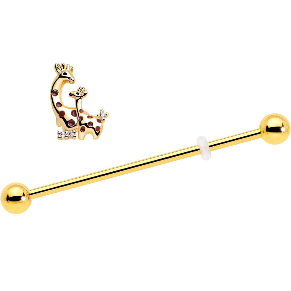 BodyCandy 14G Clear CZ Gem Gold Tone Mom Baby Giraffe Industrial Barbell 38mm — detail close-up