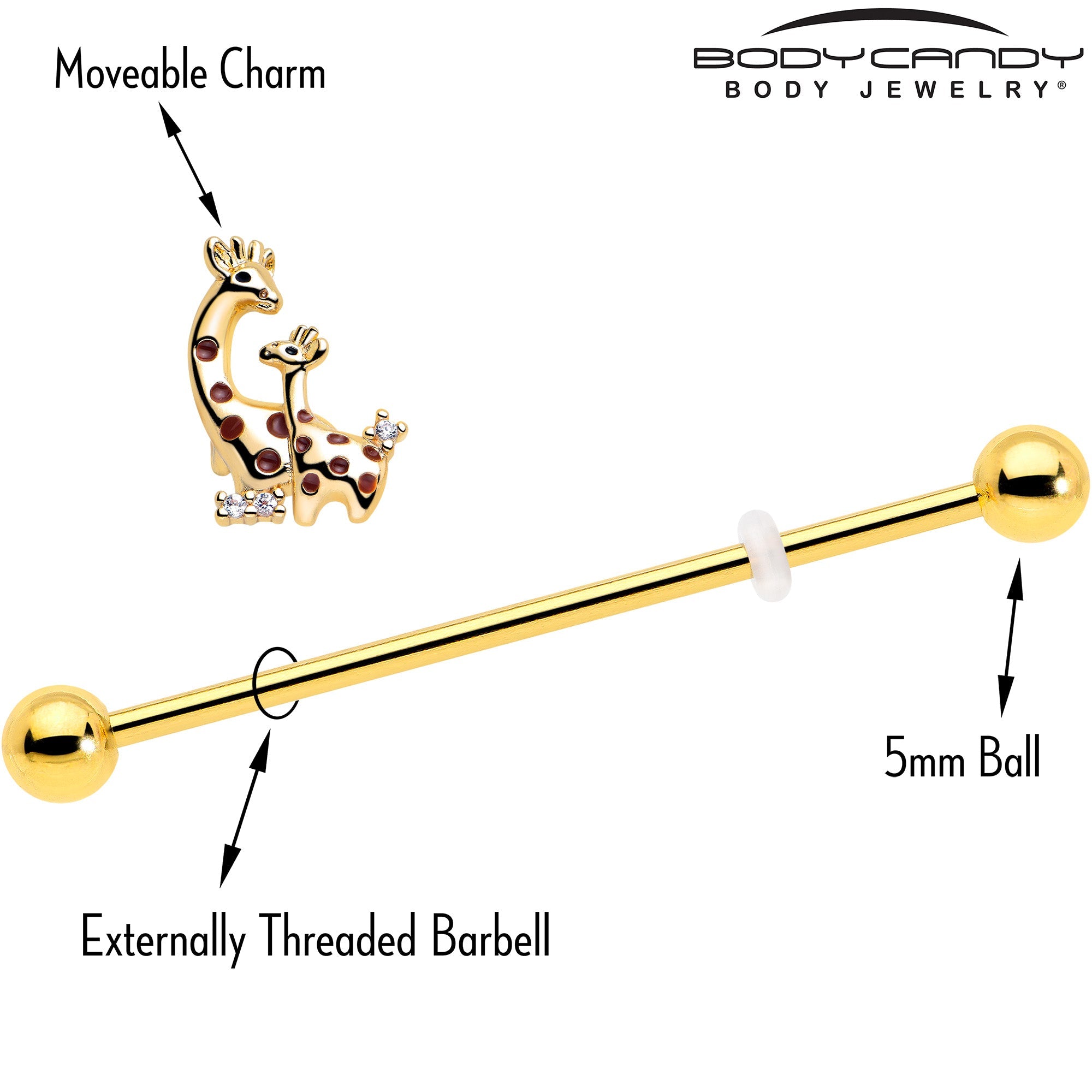 BodyCandy 14G Clear CZ Gem Gold Tone Mom Baby Giraffe Industrial Barbell 38mm — side view