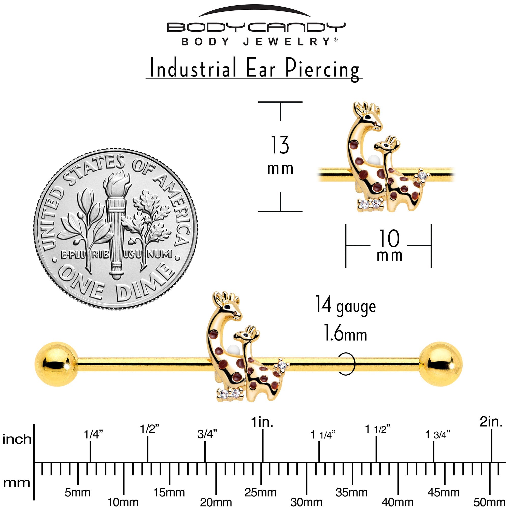 BodyCandy 14G Clear CZ Gem Gold Tone Mom Baby Giraffe Industrial Barbell 38mm — back view