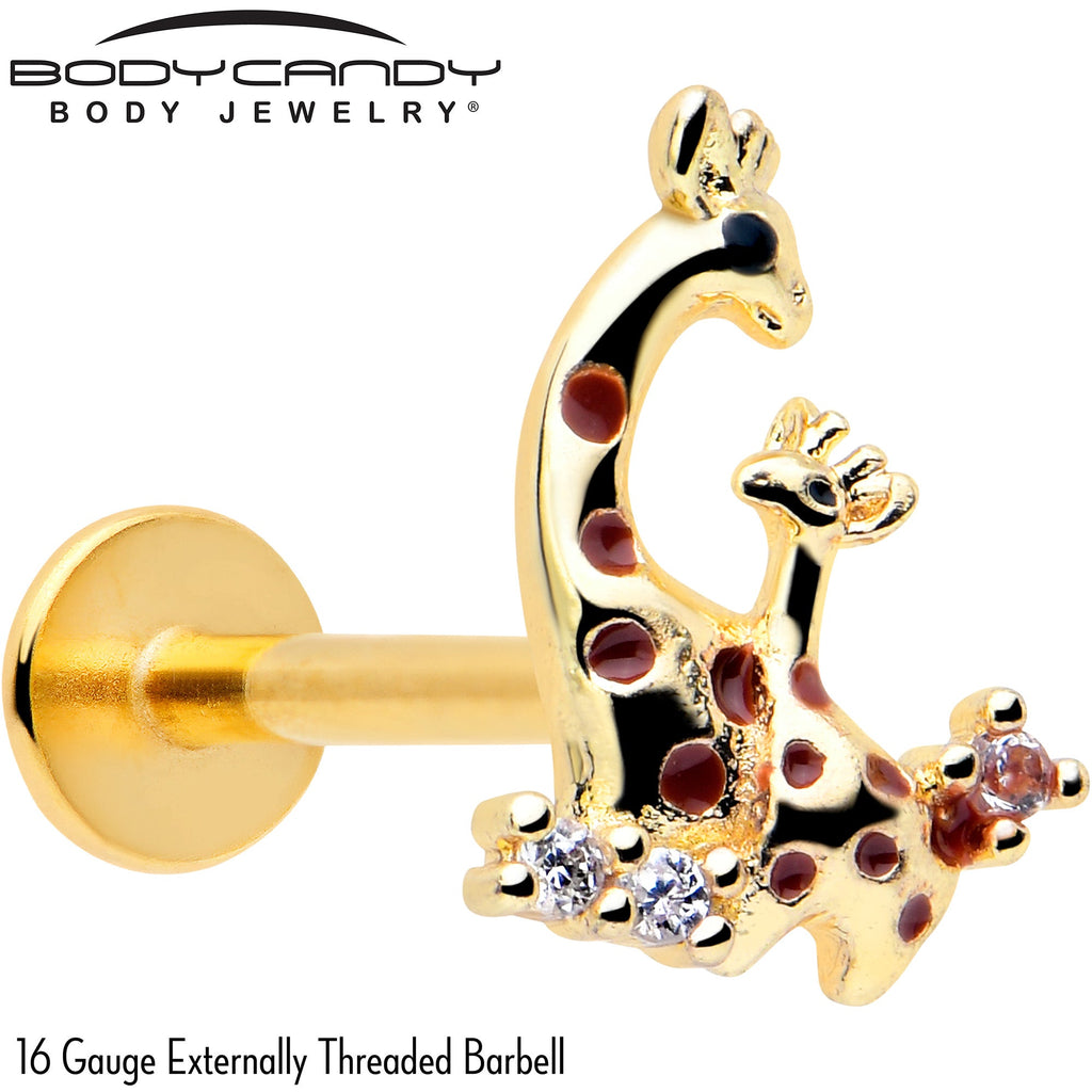 BodyCandy 16G 5/16 Clear CZ Gem Gold Tone Mom Baby Giraffe Flatback Stud — detail close-up