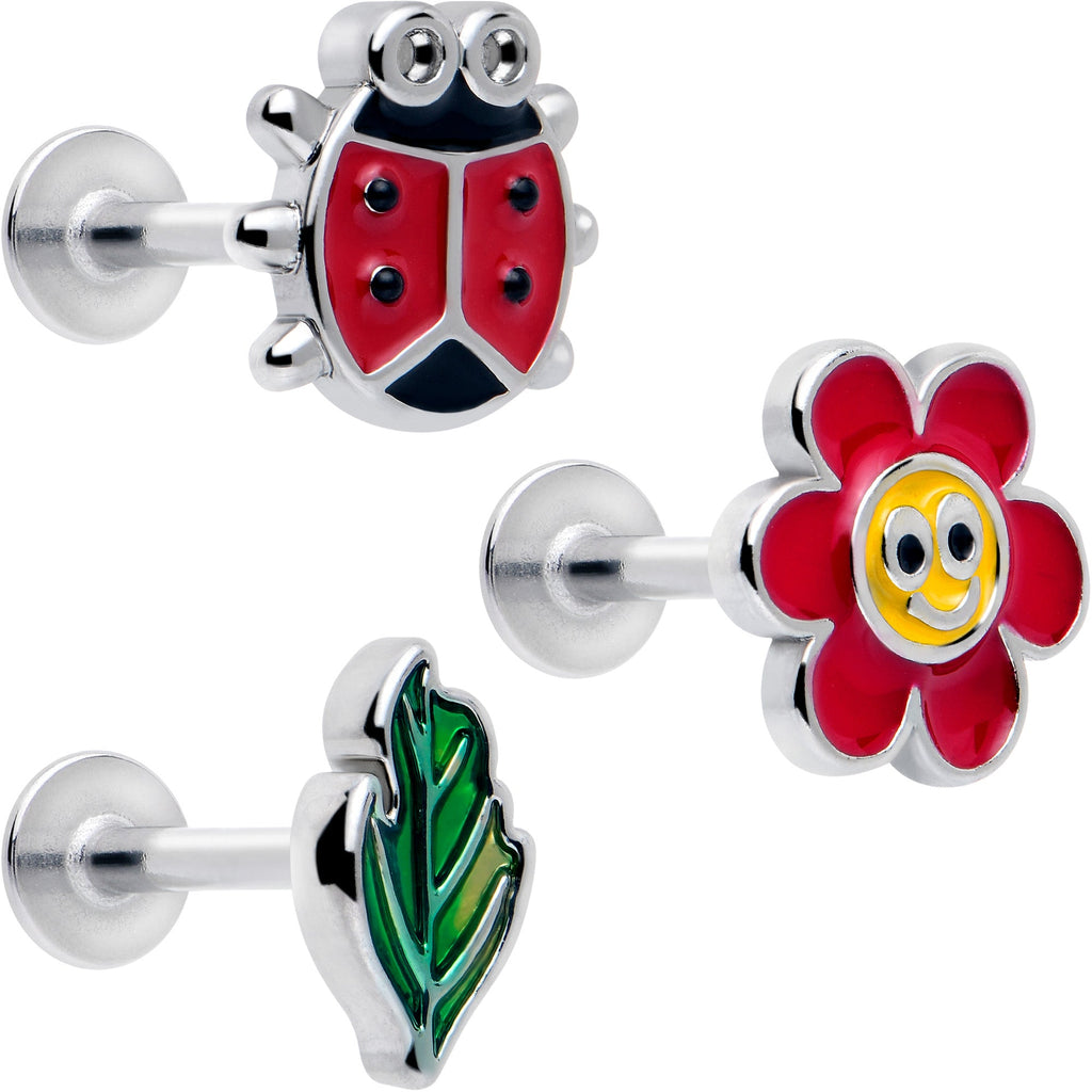 BodyCandy 16G 5/16 Ladybug Hippie Flower Labret Monroe Tragus Set of 3 — main product shot
