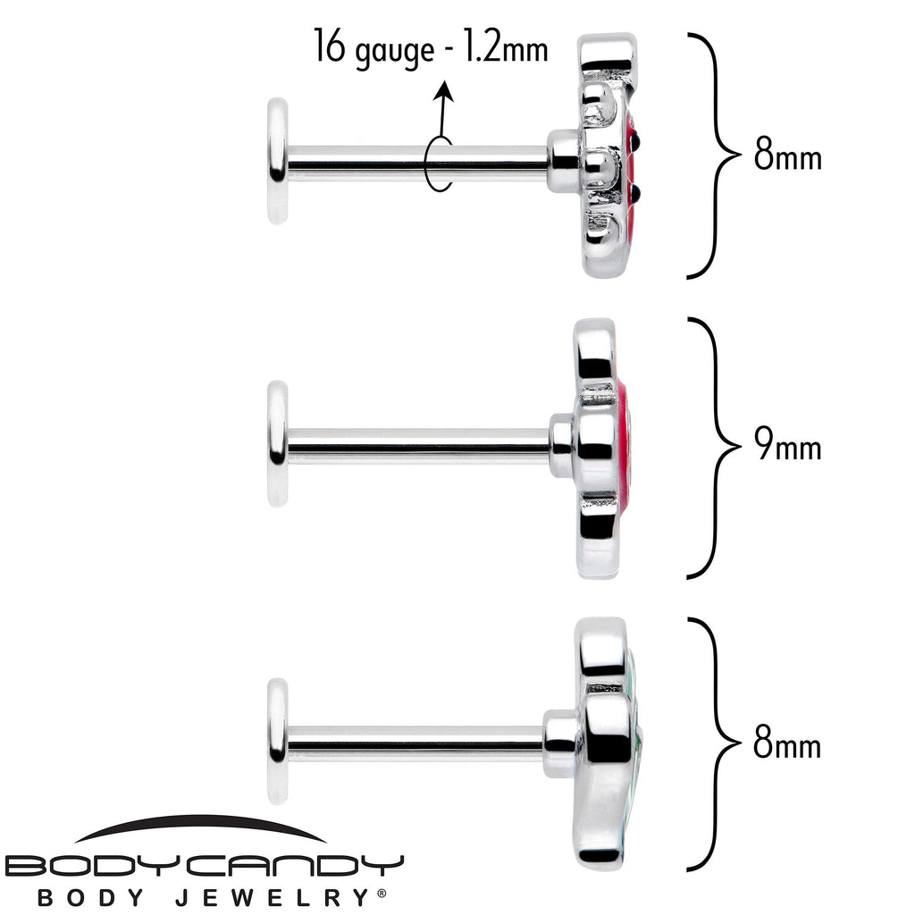 BodyCandy 16G 5/16 Ladybug Hippie Flower Labret Monroe Tragus Set of 3 — detail close-up