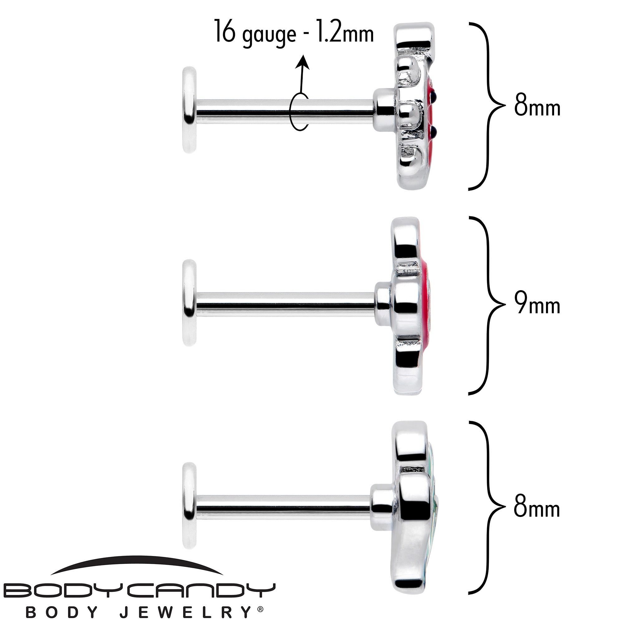 BodyCandy 16G 5/16 Ladybug Hippie Flower Labret Monroe Tragus Set of 3 — detail close-up
