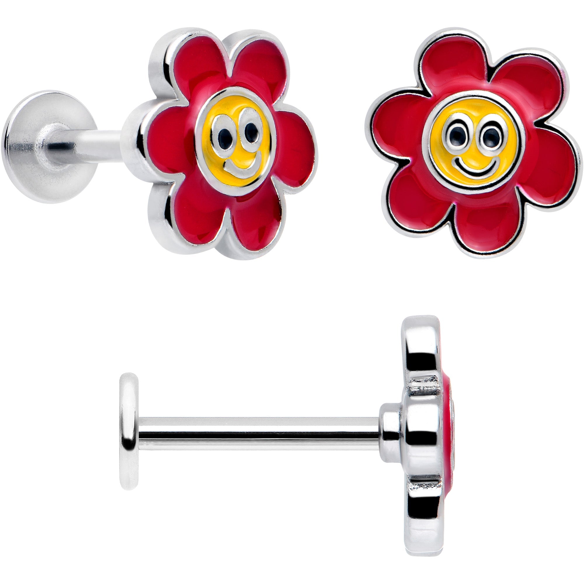 BodyCandy 16G 5/16 Ladybug Hippie Flower Labret Monroe Tragus Set of 3 — side view
