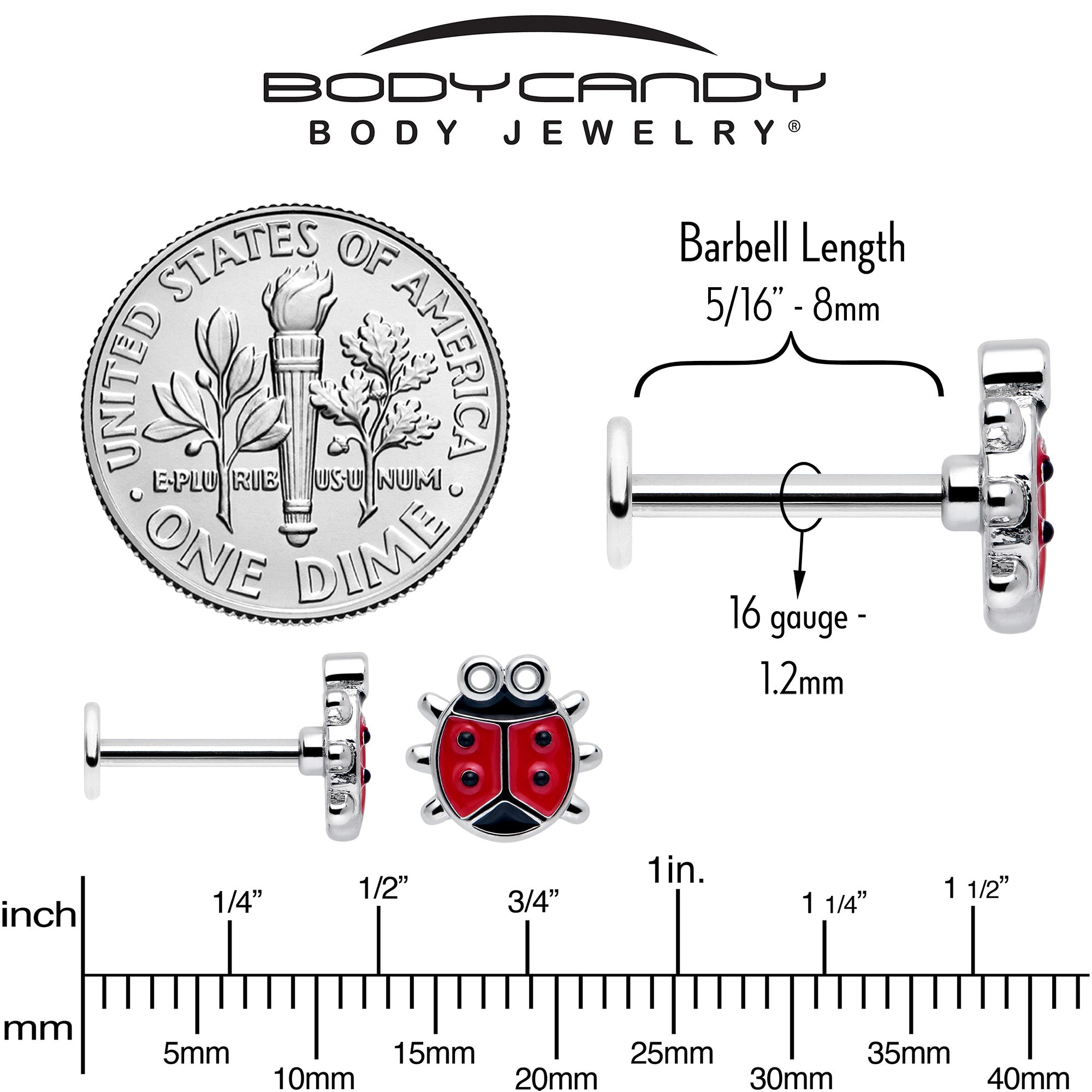 BodyCandy 16G 5/16 Ladybug Hippie Flower Labret Monroe Tragus Set of 3 — alternative angle