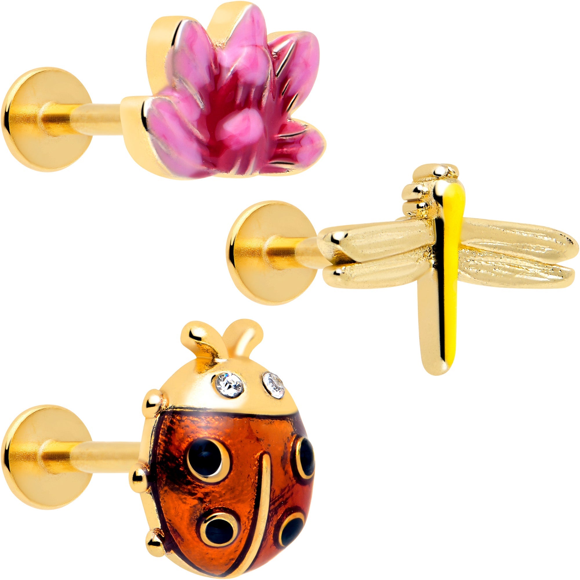 BodyCandy 16G 5/16 Clear Gem Gold Tone Ladybug Lotus Labret Tragus Set of 3 — main product shot
