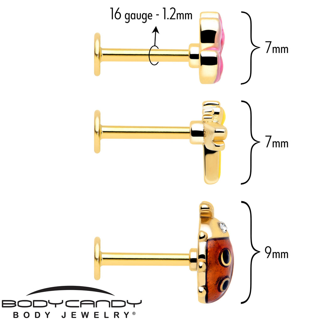 BodyCandy 16G 5/16 Clear Gem Gold Tone Ladybug Lotus Labret Tragus Set of 3 — detail close-up