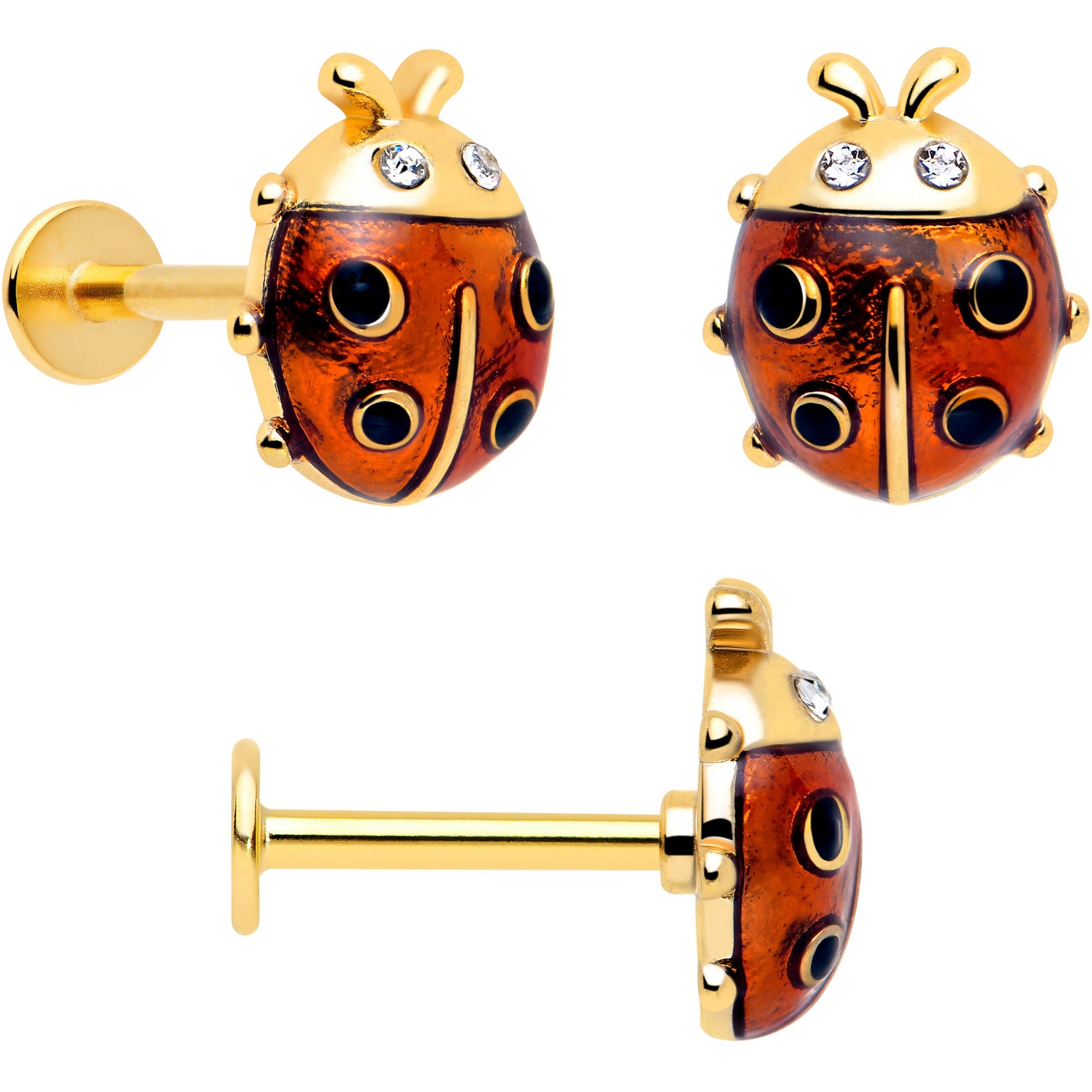 BodyCandy 16G 5/16 Clear Gem Gold Tone Ladybug Lotus Labret Tragus Set of 3 — back view