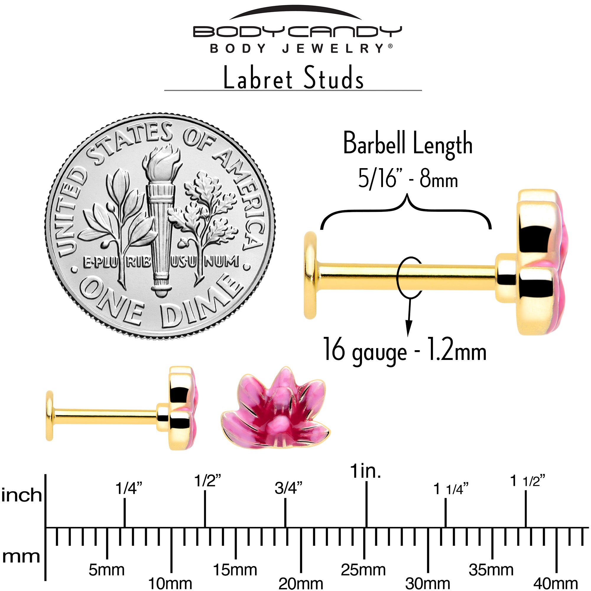 BodyCandy 16G 5/16 Clear Gem Gold Tone Ladybug Lotus Labret Tragus Set of 3 — alternative angle