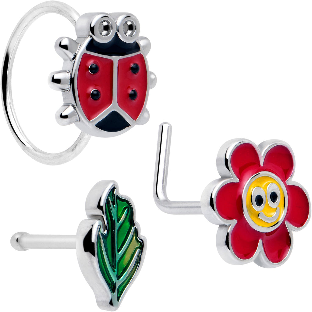 BodyCandy 20G Ladybug Hippie Flower Nose Ring Set of 3 — main product shot