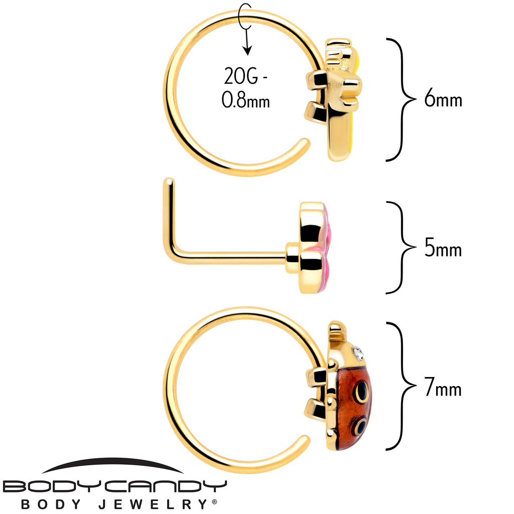 BodyCandy 20G Clear Gem Gold Tone Lotus Ladybug L Shape Nose Hoop Set of 3 — detail close-up