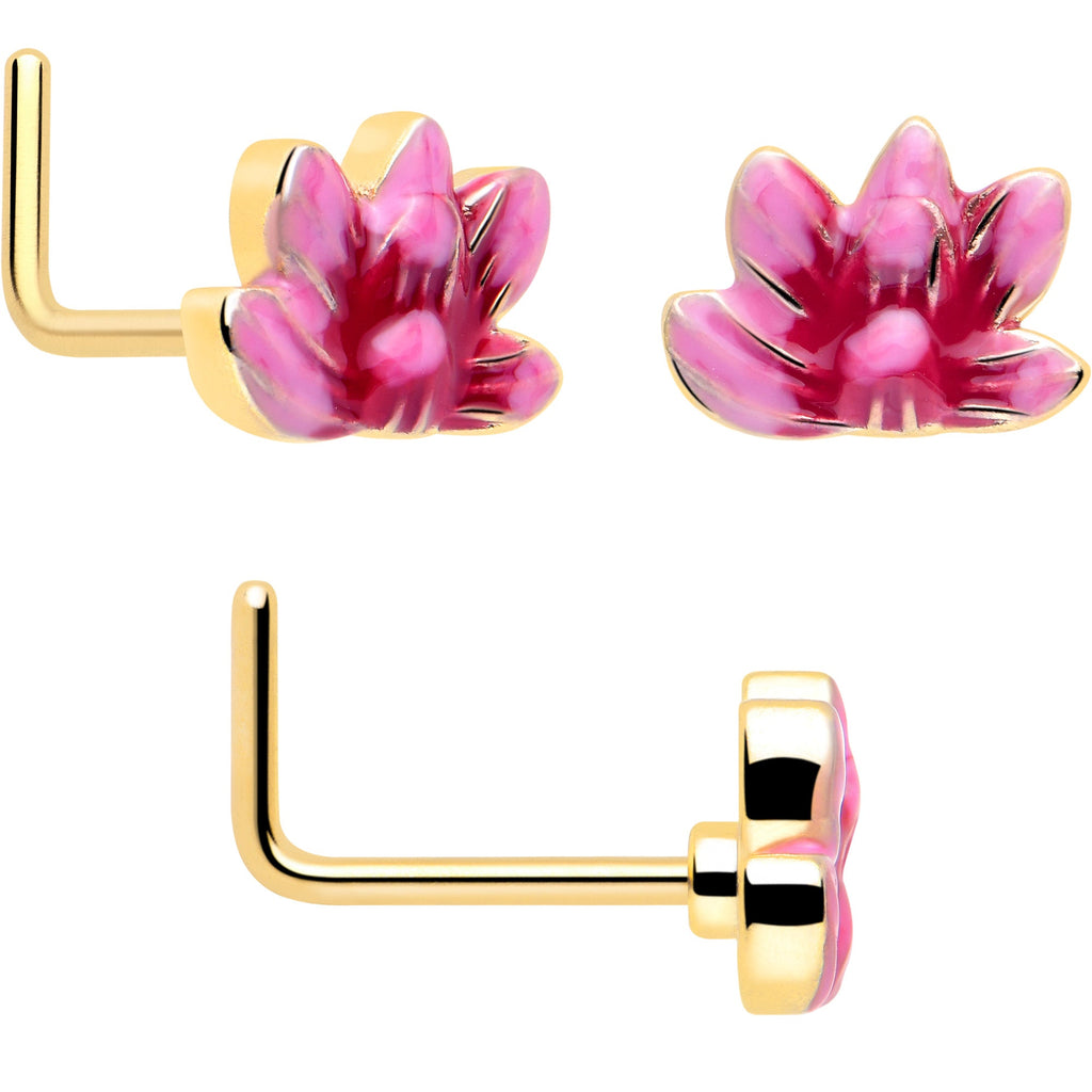 BodyCandy 20G Clear Gem Gold Tone Lotus Ladybug L Shape Nose Hoop Set of 3 — side view