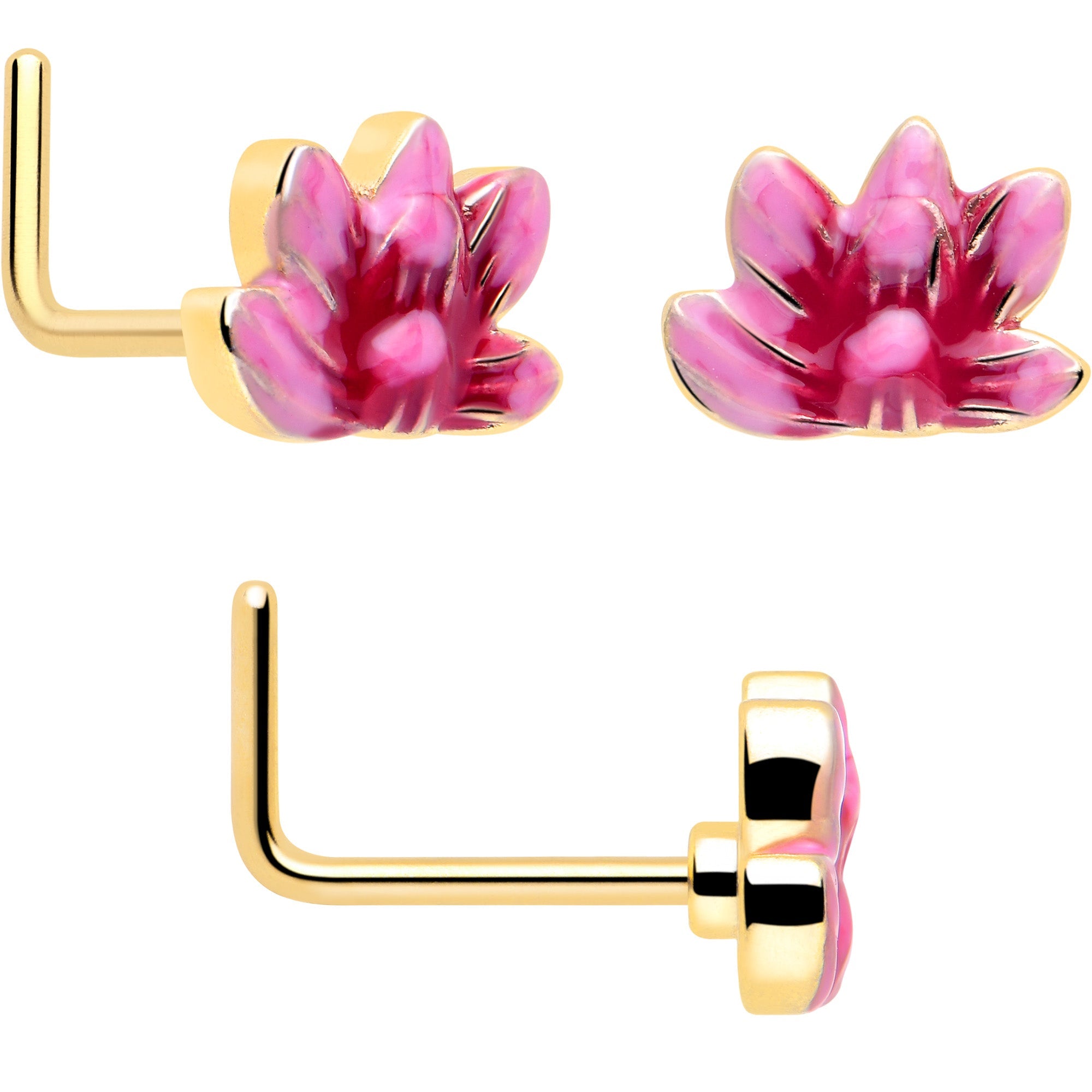 BodyCandy 20G Clear Gem Gold Tone Lotus Ladybug L Shape Nose Hoop Set of 3 — side view