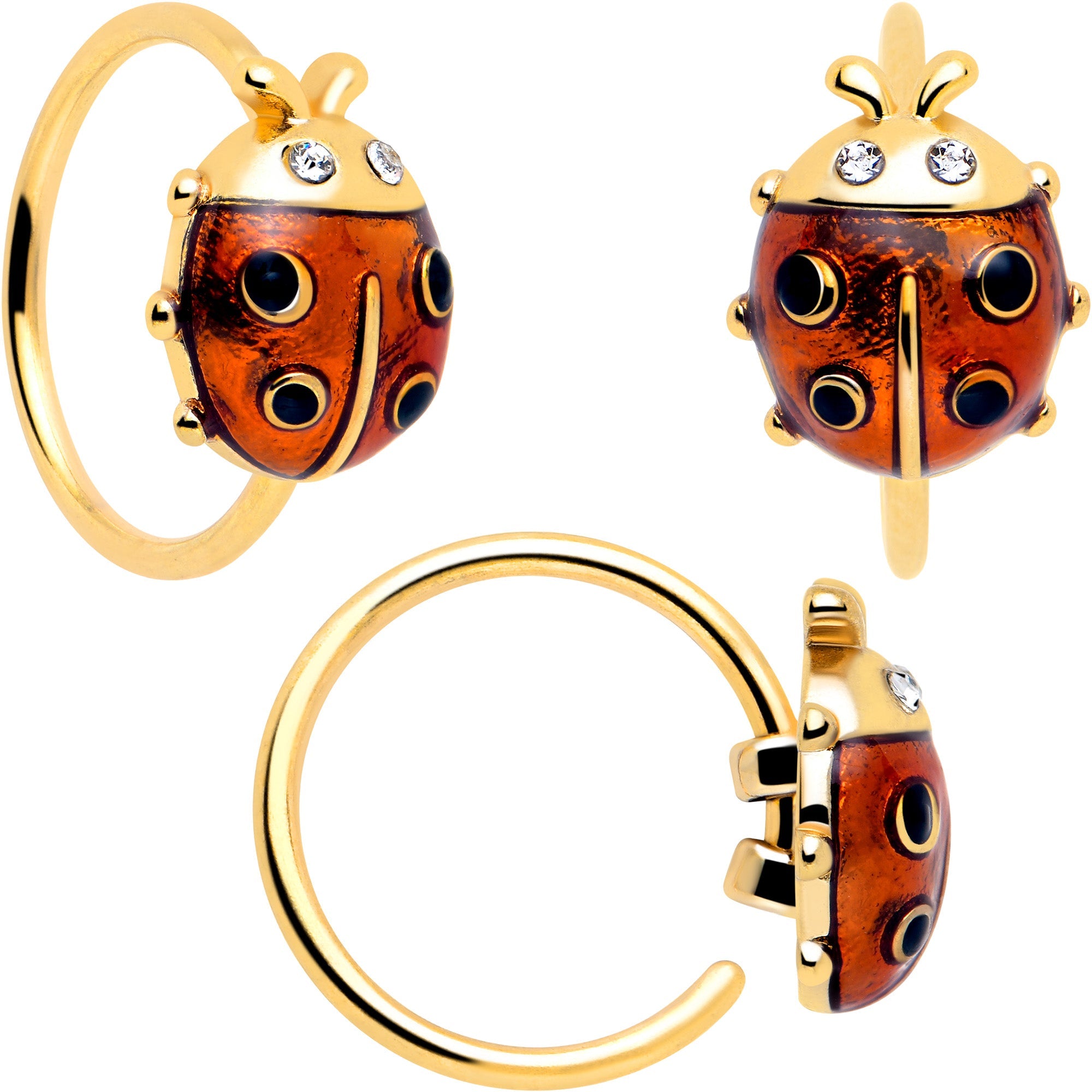 BodyCandy 20G Clear Gem Gold Tone Lotus Ladybug L Shape Nose Hoop Set of 3 — back view