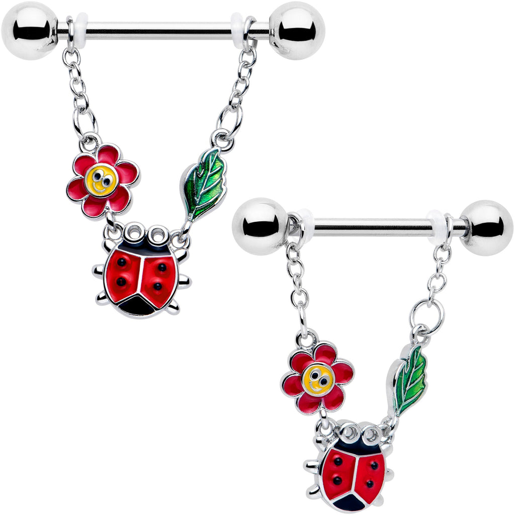 BodyCandy 14G 9/16 Ladybug Hippie Flower Chain Dangle Nipple Ring Set — main product shot