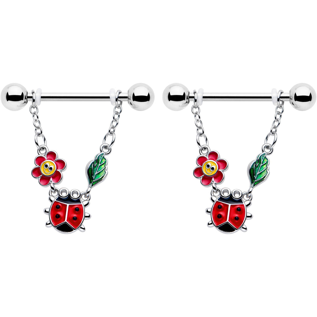 BodyCandy 14G 9/16 Ladybug Hippie Flower Chain Dangle Nipple Ring Set — detail close-up