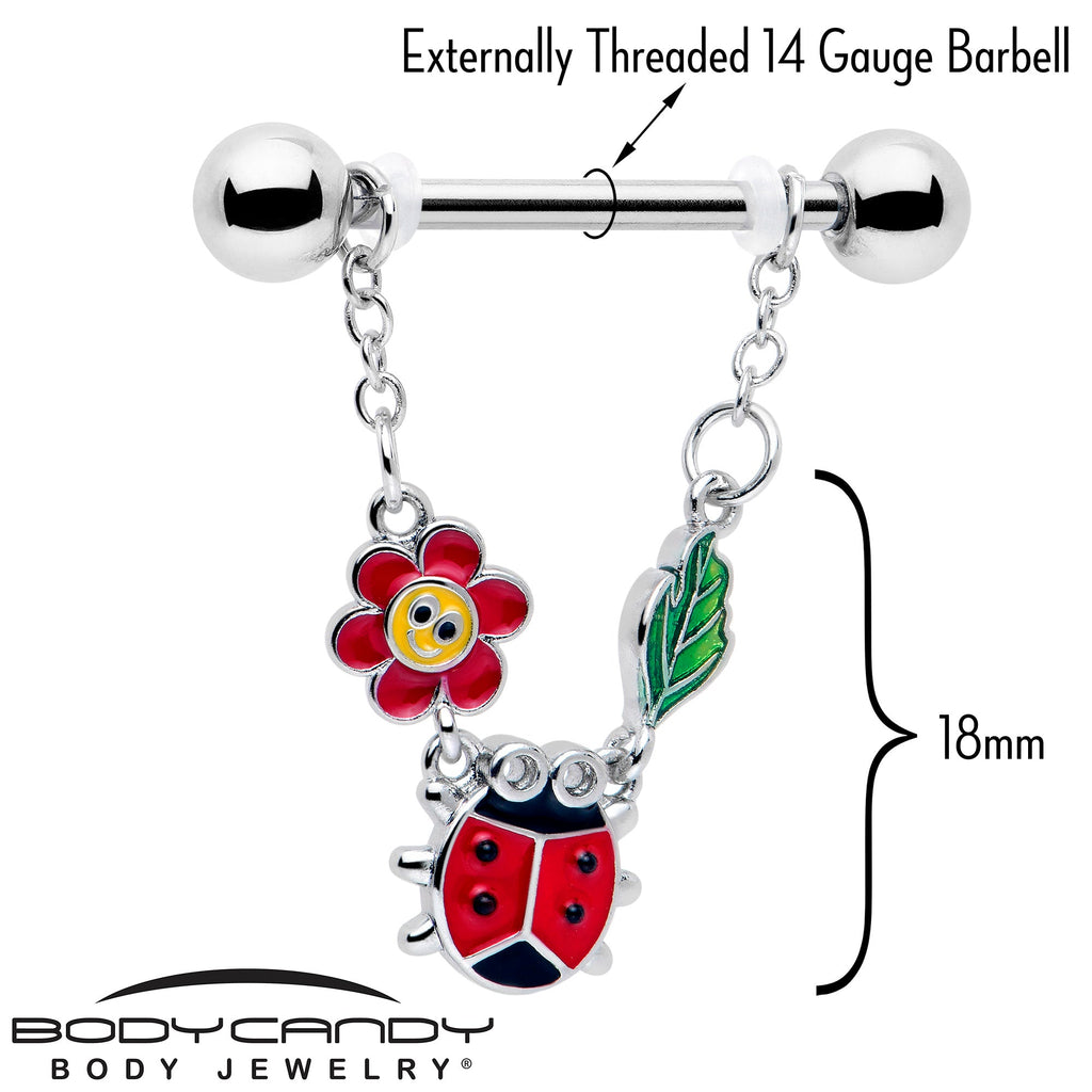 BodyCandy 14G 9/16 Ladybug Hippie Flower Chain Dangle Nipple Ring Set — lifestyle context