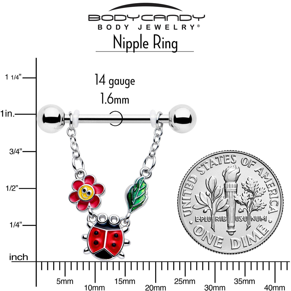 BodyCandy 14G 9/16 Ladybug Hippie Flower Chain Dangle Nipple Ring Set — side view