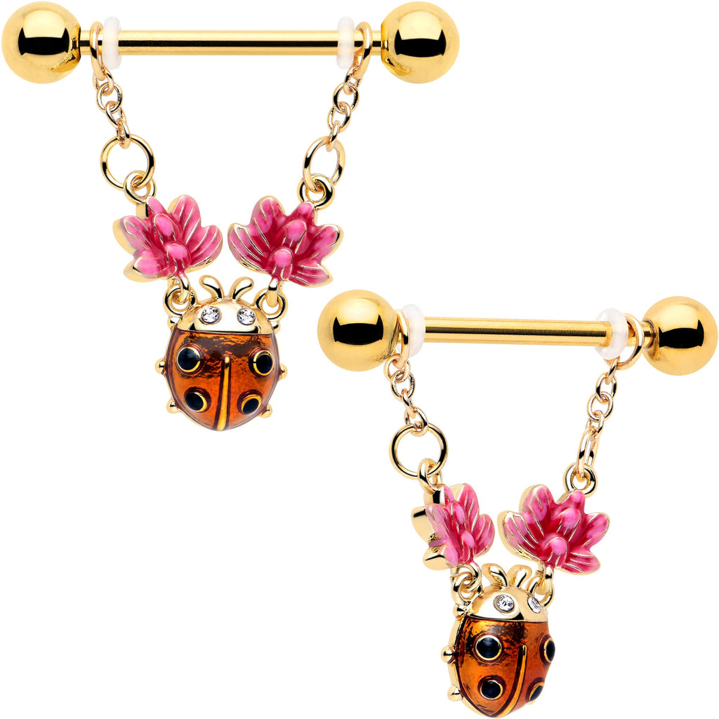 BodyCandy 14G 9/16 Clear Gem Gold Tone ladybug Lotus Dangle Nipple Ring Set — main product shot