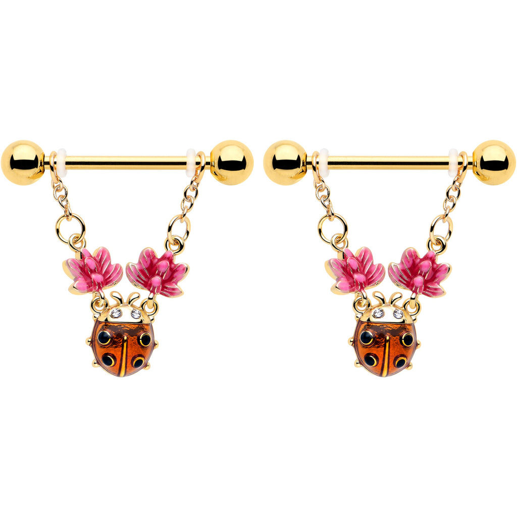BodyCandy 14G 9/16 Clear Gem Gold Tone ladybug Lotus Dangle Nipple Ring Set — detail close-up
