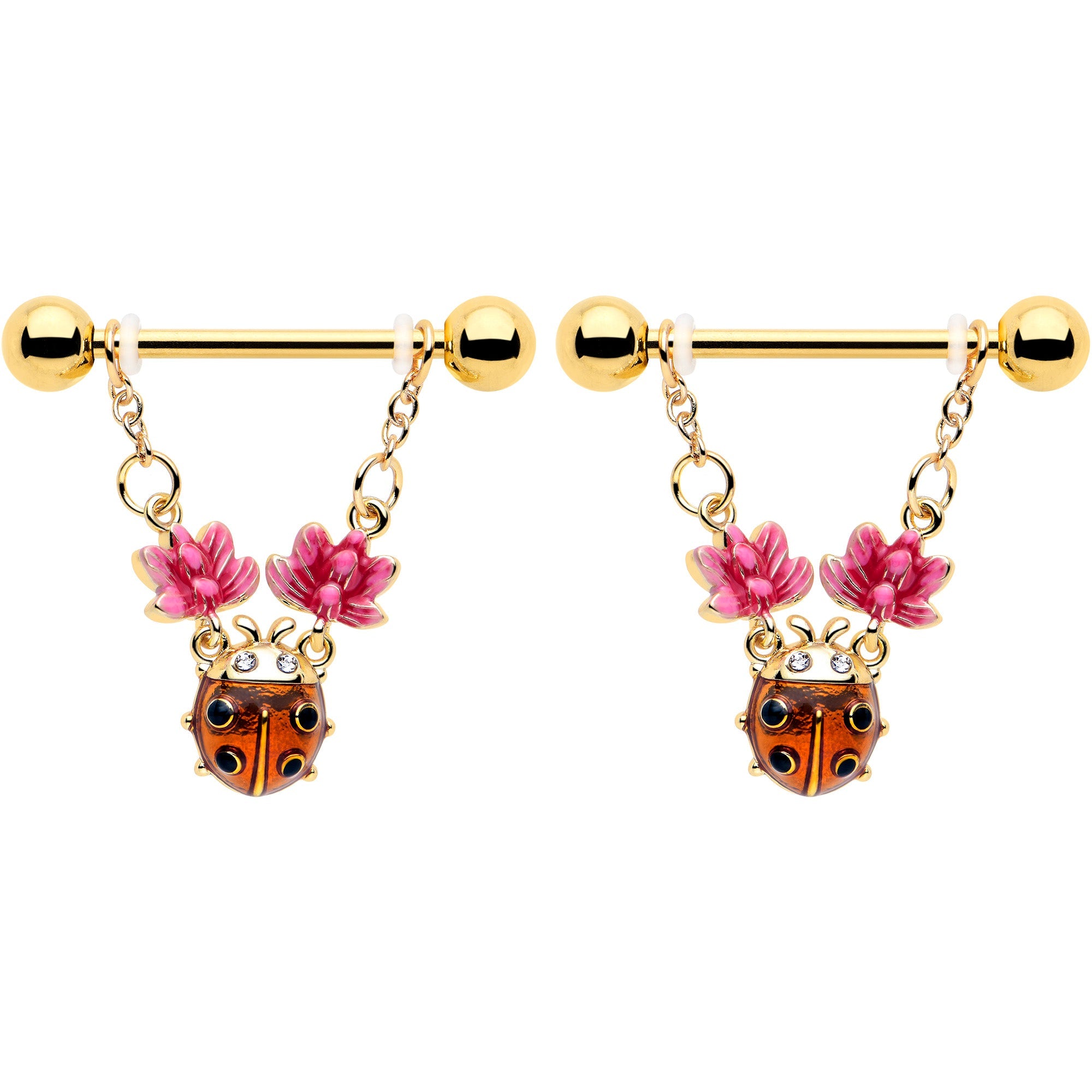 BodyCandy 14G 9/16 Clear Gem Gold Tone ladybug Lotus Dangle Nipple Ring Set — detail close-up