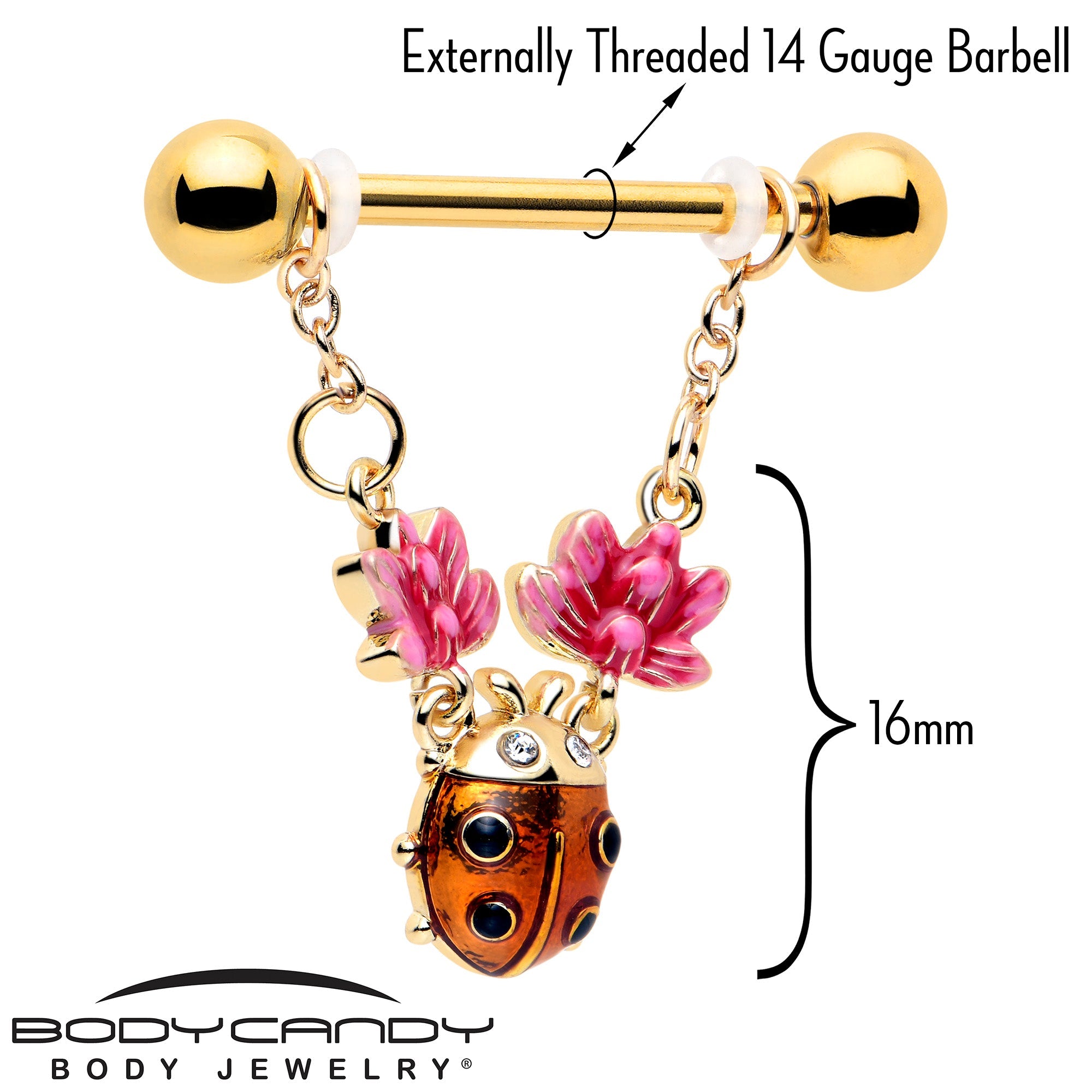 BodyCandy 14G 9/16 Clear Gem Gold Tone ladybug Lotus Dangle Nipple Ring Set — lifestyle context