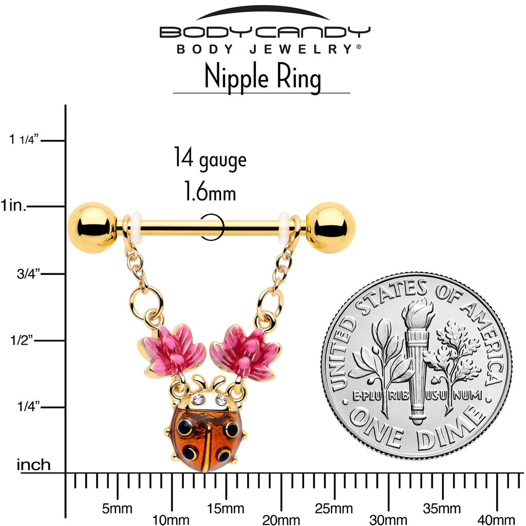 BodyCandy 14G 9/16 Clear Gem Gold Tone ladybug Lotus Dangle Nipple Ring Set — side view