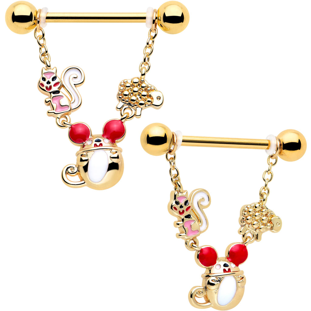 BodyCandy 14G 9/16 Gold Tone Mouse Sheep Squirrel Dangle Nipple Ring Set — main product shot