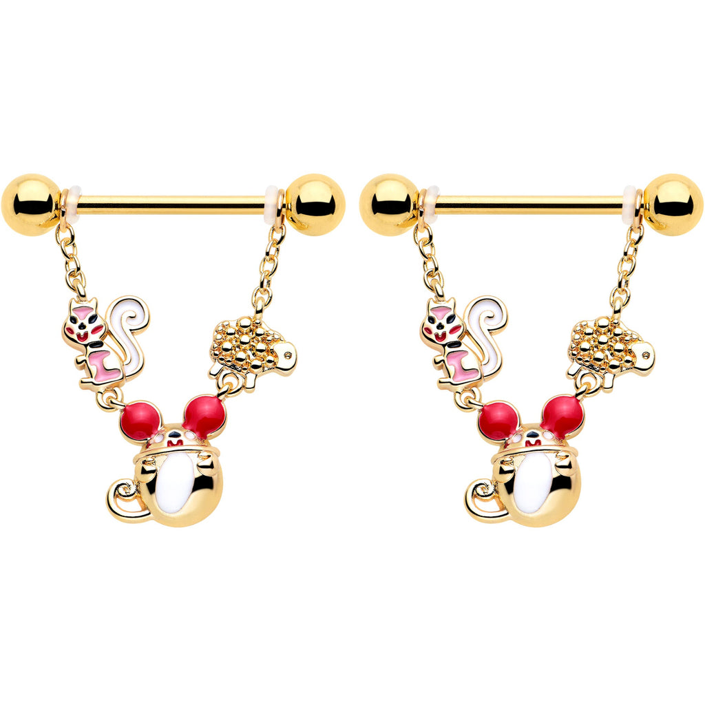 BodyCandy 14G 9/16 Gold Tone Mouse Sheep Squirrel Dangle Nipple Ring Set — detail close-up