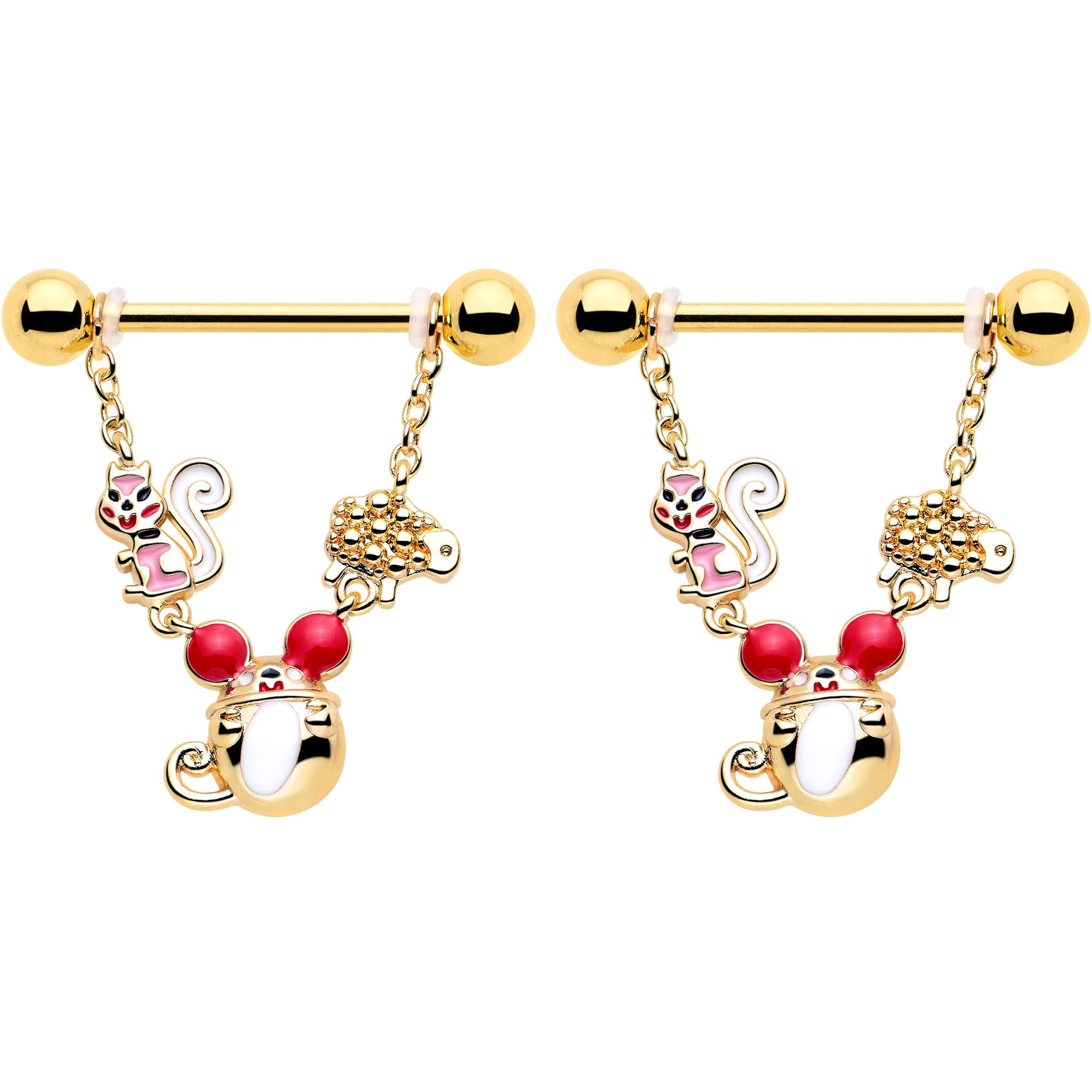 BodyCandy 14G 9/16 Gold Tone Mouse Sheep Squirrel Dangle Nipple Ring Set — detail close-up