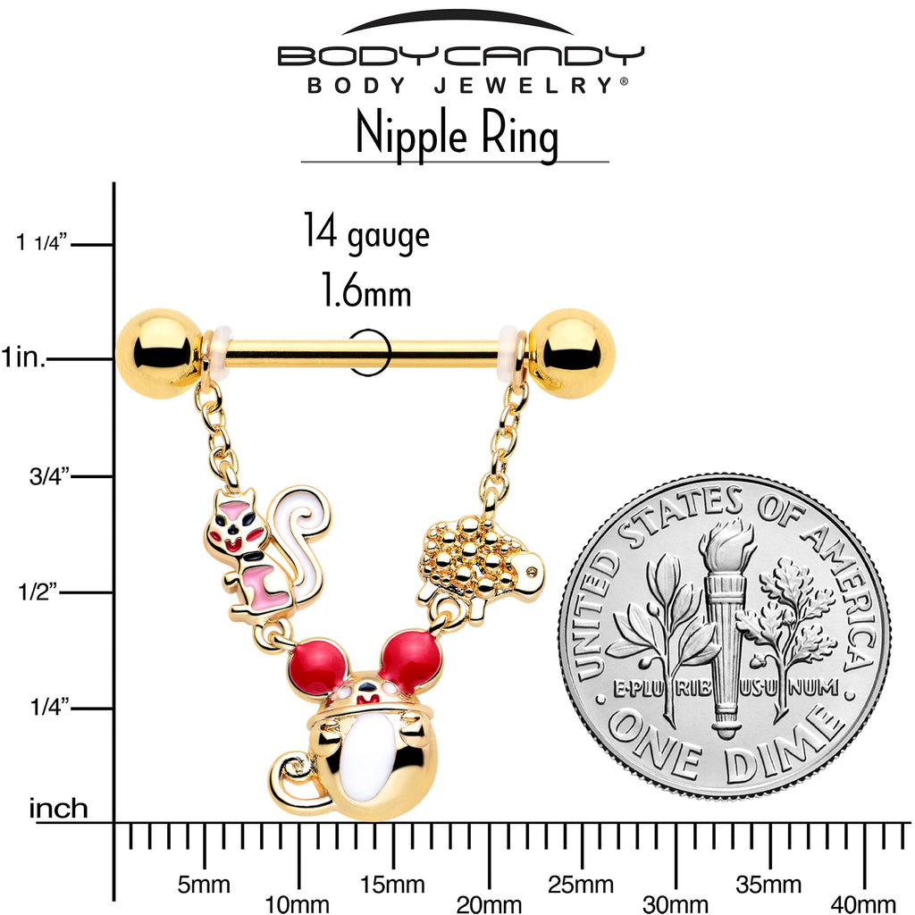 BodyCandy 14G 9/16 Gold Tone Mouse Sheep Squirrel Dangle Nipple Ring Set — side view