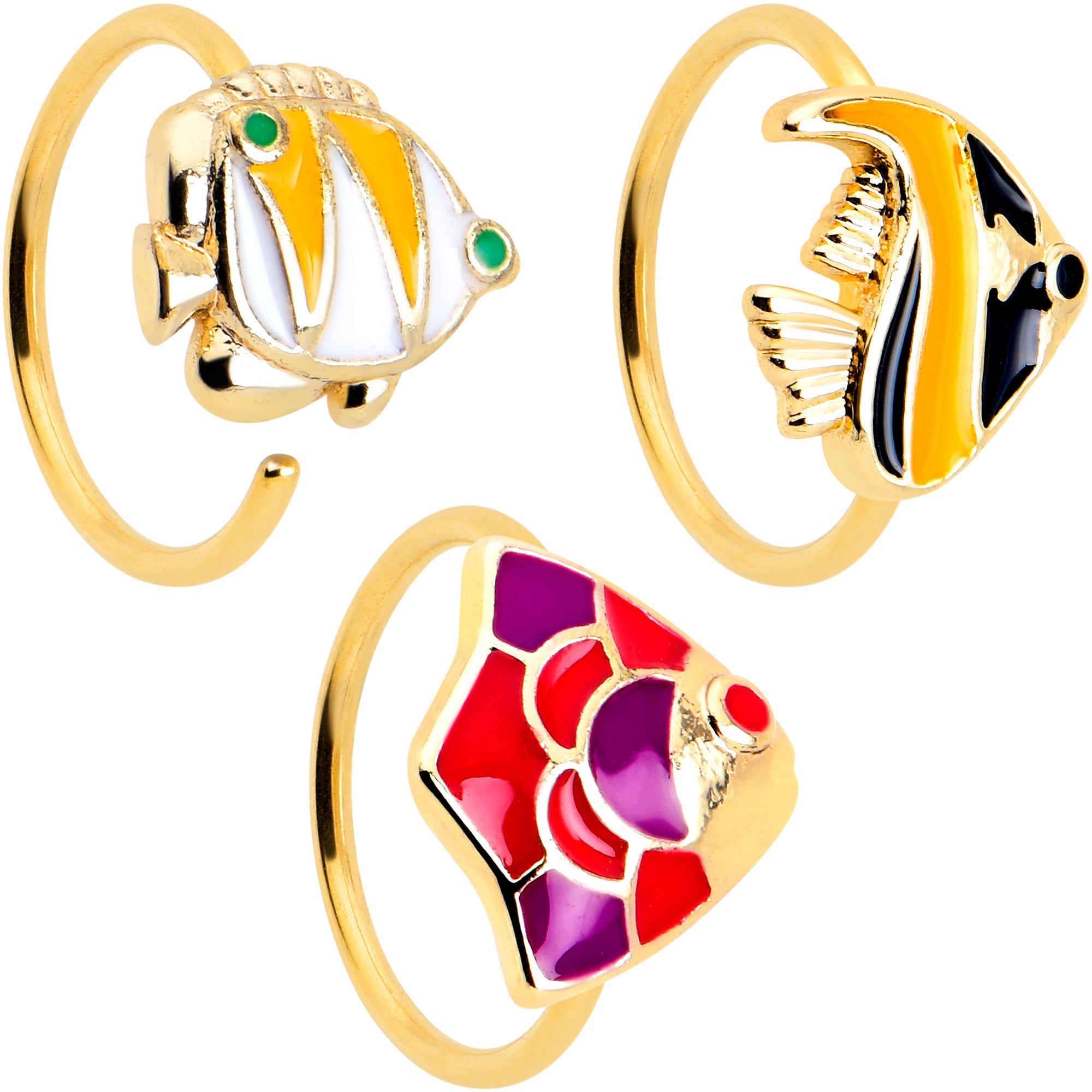 BodyCandy 20G 5/16 Gold Tone Tropical Fish Nose Hoop Set of 3 — main product shot