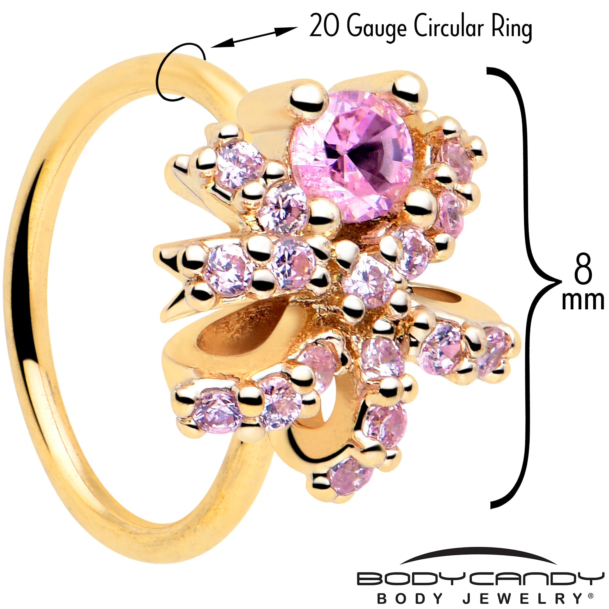 BodyCandy 20G 5/16 Pink CZ Gem Gold Tone Abstract Ribbon Nose Hoop — detail close-up