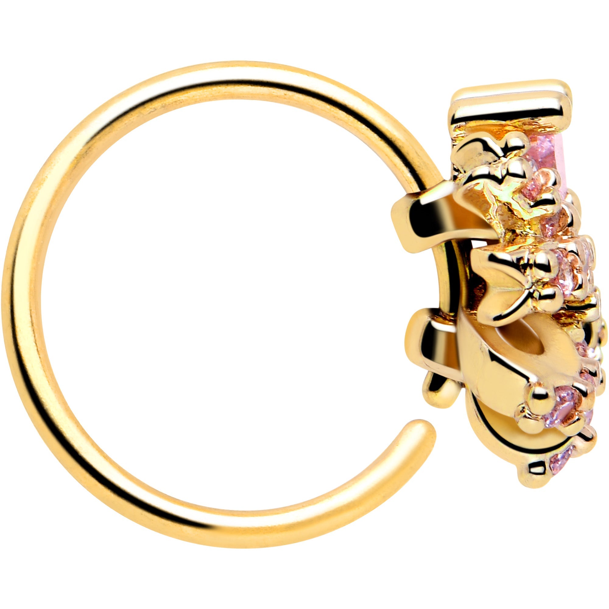 BodyCandy 20G 5/16 Pink CZ Gem Gold Tone Abstract Ribbon Nose Hoop — side view
