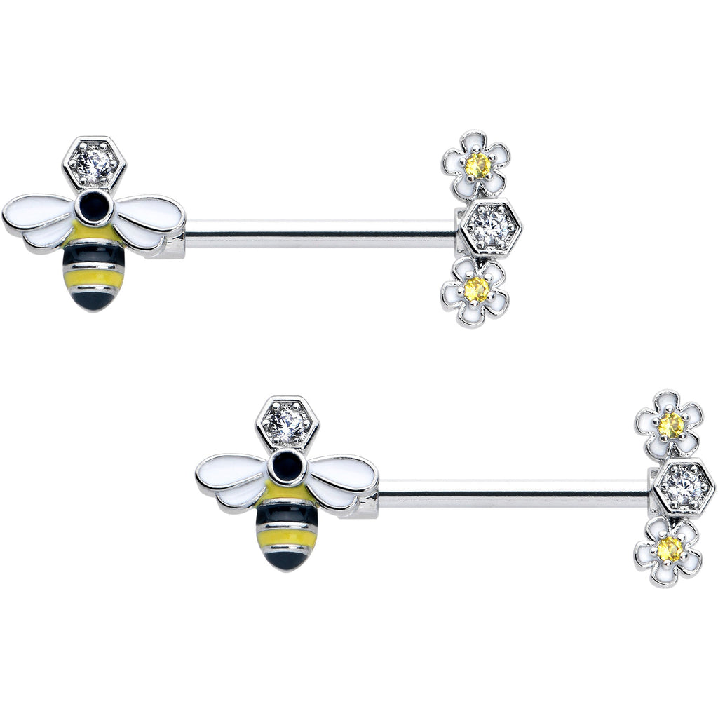 BodyCandy 14G 9/16 Yellow Clear CZ Gem Flower Bee Barbell Nipple Ring Set — main product shot