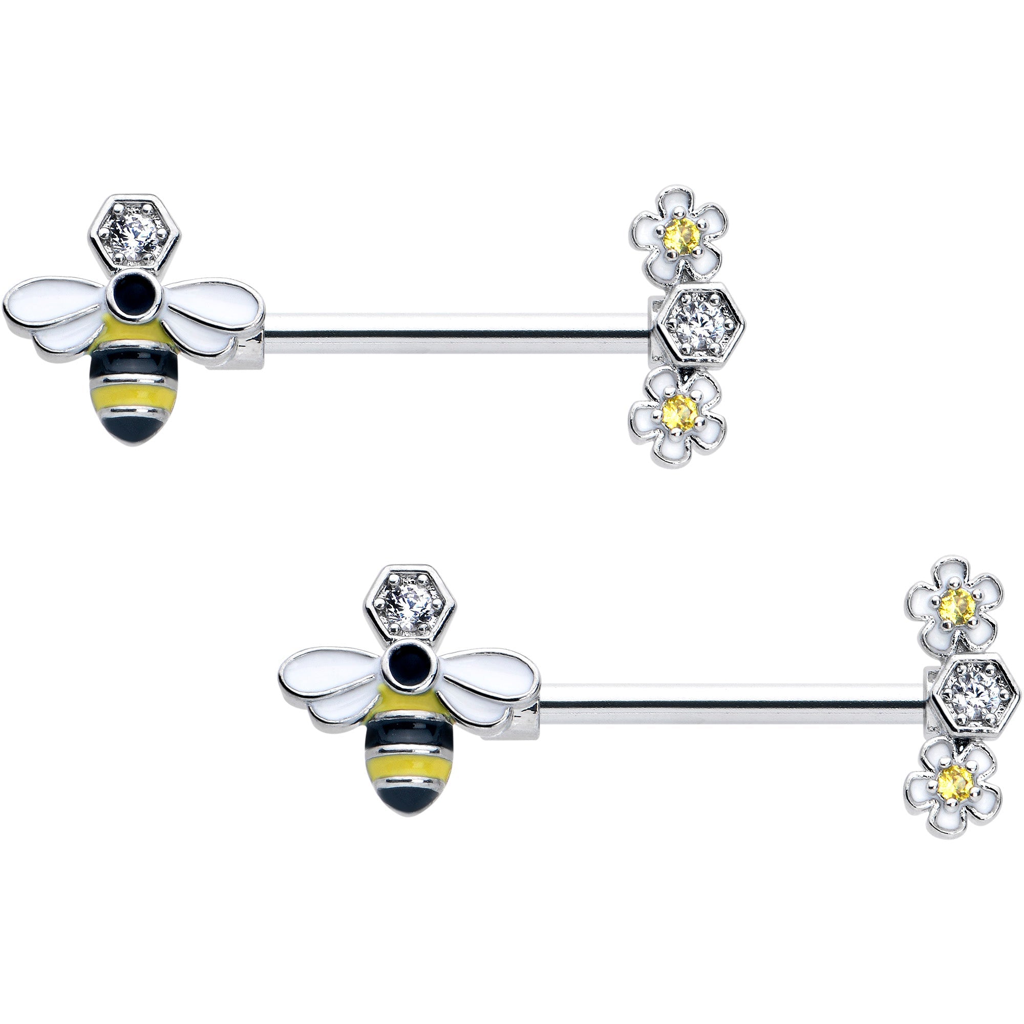 BodyCandy 14G 9/16 Yellow Clear CZ Gem Flower Bee Barbell Nipple Ring Set — main product shot