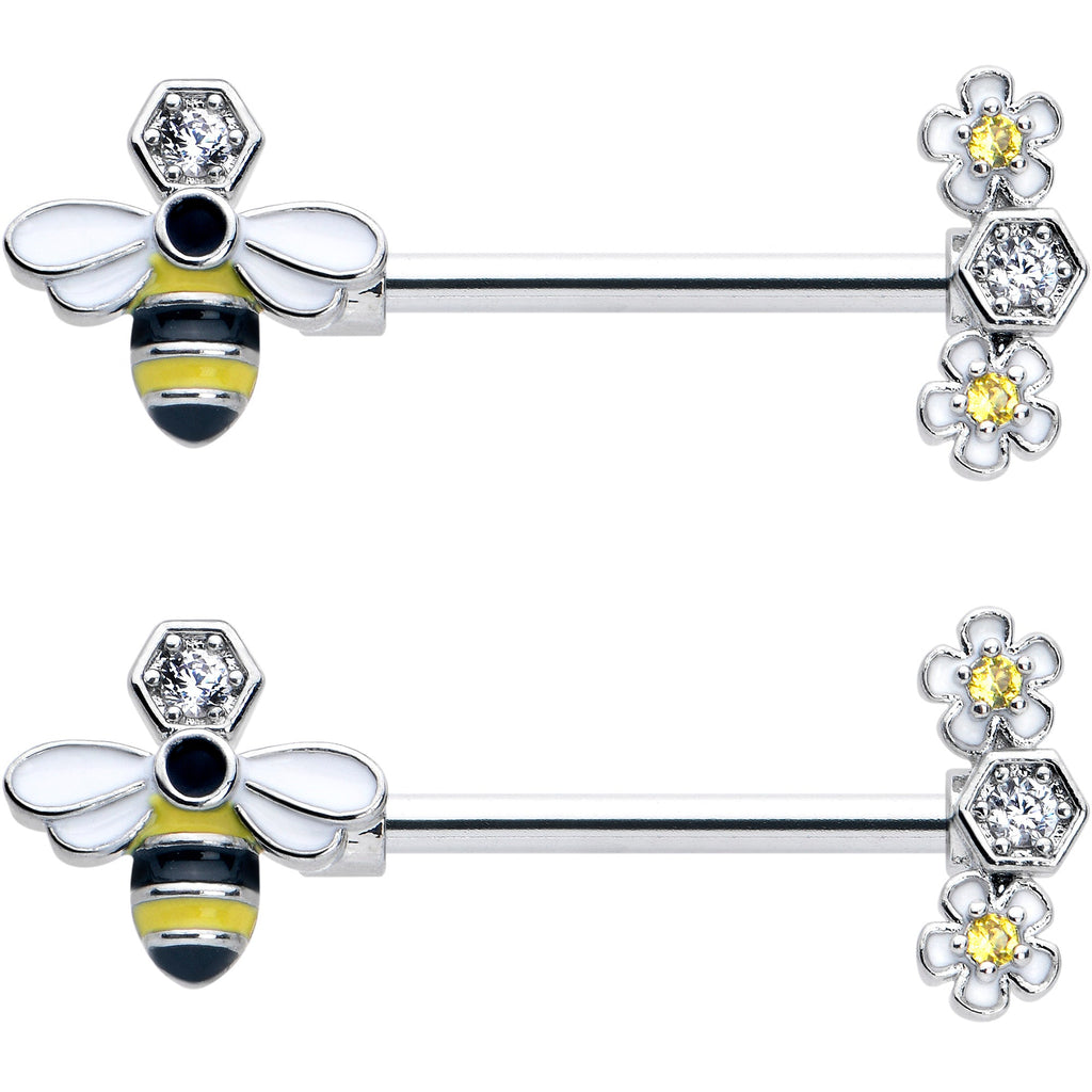 BodyCandy 14G 9/16 Yellow Clear CZ Gem Flower Bee Barbell Nipple Ring Set — detail close-up