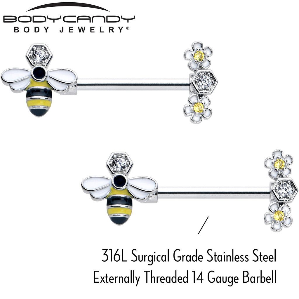 BodyCandy 14G 9/16 Yellow Clear CZ Gem Flower Bee Barbell Nipple Ring Set — lifestyle context