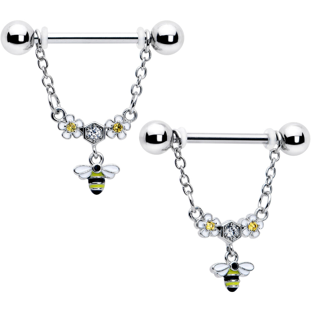 BodyCandy 14G 9/16 Yellow CZ Gem Flower Bee Chain Dangle Nipple Ring Set — main product shot