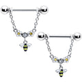 BodyCandy 14G 9/16 Yellow CZ Gem Flower Bee Chain Dangle Nipple Ring Set — main product shot