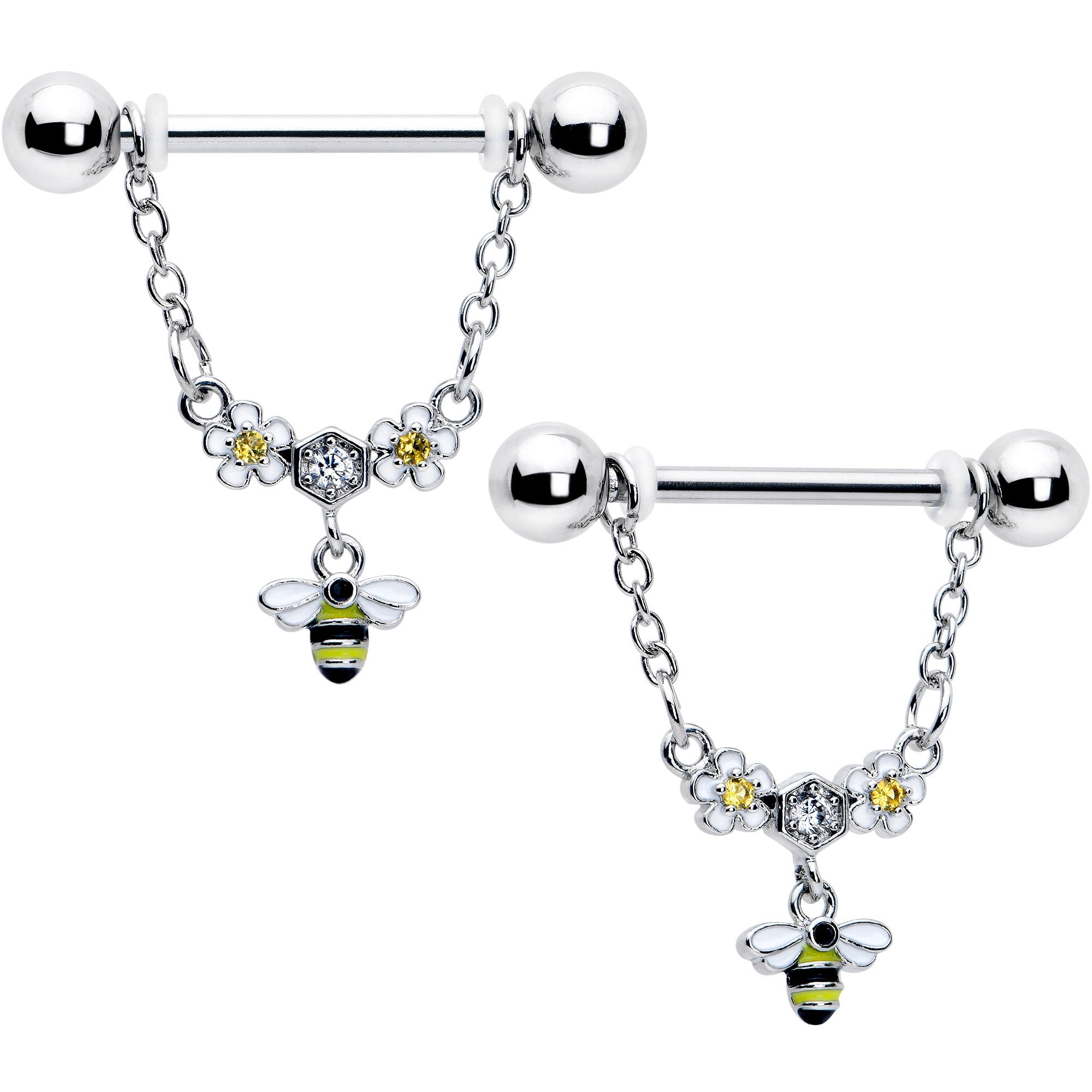 BodyCandy 14G 9/16 Yellow CZ Gem Flower Bee Chain Dangle Nipple Ring Set — main product shot